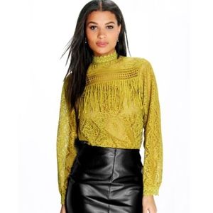 Lilly High Neck Lace Tassel Trim Blouse